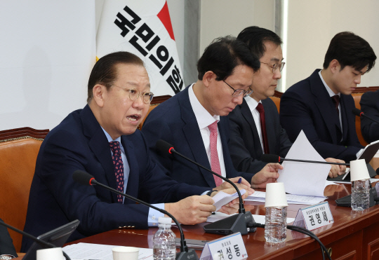 권영세(왼쪽) 국민의힘 비상대책위원장이 13일 국회에서 열린 비상대책위원 회의에서 발언하고 있다. [연합뉴스]